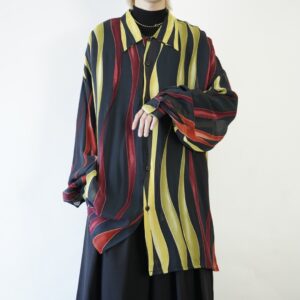 oversized black × multi color pattern see-through shirt