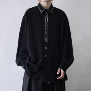 oversized drape fabric collar & fly front embroidery shirt