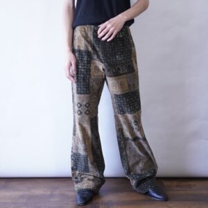 old like rug pattern fake suede flare pants