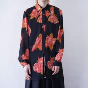 black × big flower pattern see-through shirt