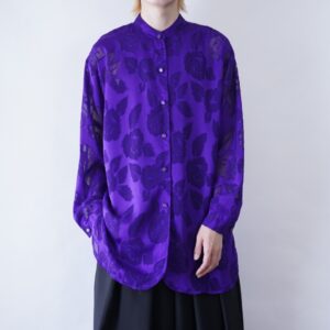 glossy purple flower pattern band-collar see-through shirt