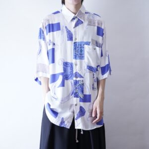 oversized blue × white drape shirt