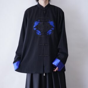 oversized black × blue embroidery China shirt