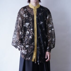 mustard yellow × glossy lace switching shirt