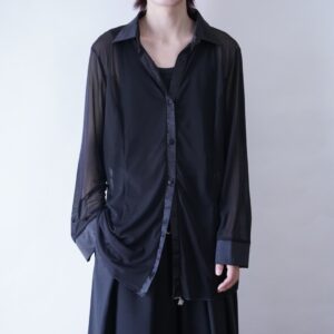 oversized satin × see-through switching shirt