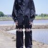 "LACE-UP" black × silver black lace-up shirt