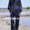 "LACE-UP" black × silver black lace-up shirt