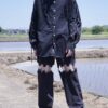 "LACE-UP" black × silver black lace-up shirt