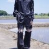 "LACE-UP" black × black fake leather lace-up shirt