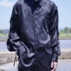 "LACE-UP" black × black fake leather lace-up shirt