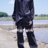"LACE-UP" black × black fake leather lace-up shirt