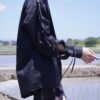 "LACE-UP" black × black fake leather lace-up shirt