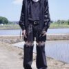 "LACE-UP" black × black fake leather lace-up shirt