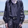 "LACE-UP" black × black fake leather lace-up shirt