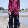 "LACE-UP" burgundy × black fake leather lace-up shirt