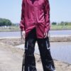 "LACE-UP" burgundy × black fake leather lace-up shirt