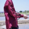 "LACE-UP" burgundy × black fake leather lace-up shirt
