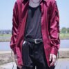 "LACE-UP" burgundy × black fake leather lace-up shirt