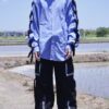 "LACE-UP" RalphLauren sax blue × black frill lace-up shirt