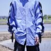 "LACE-UP" RalphLauren sax blue × black frill lace-up shirt
