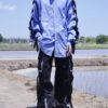 "LACE-UP" RalphLauren sax blue × black frill lace-up shirt