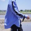 "LACE-UP" RalphLauren sax blue × black frill lace-up shirt