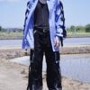 "LACE-UP" RalphLauren sax blue × black frill lace-up shirt