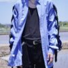 "LACE-UP" RalphLauren sax blue × black frill lace-up shirt