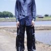 "PAINT" glossy navy body green × silver paint shirt