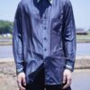 "PAINT" glossy navy body green × silver paint shirt