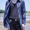 "PAINT" glossy navy body green × silver paint shirt