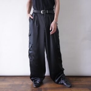 black glossy drape satin wide cargo pants