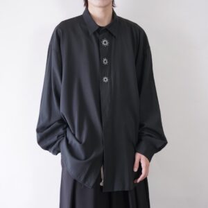 drape fabric bitter green black flyfront embroidery shirt