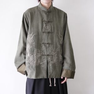 moss green embroidery fake suede China shirt