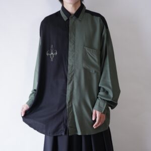 oversized black × moss green embroidery terotero shirt