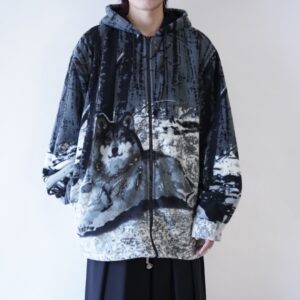 oversized wolf graphic animal design fleece full zip parka