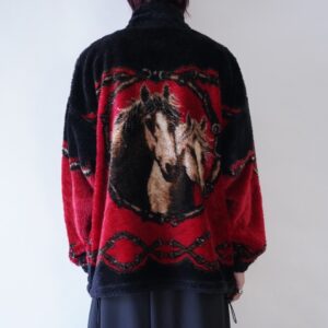 black × red horse graphic boa fleece animal jacket