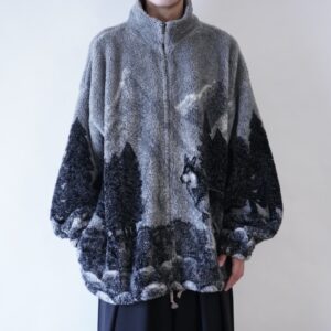 oversized monotone wolf graphic boa fleece animal jacket