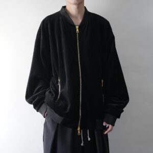 glossy black velours short length double zip blouson