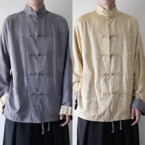 gray & yellow reversible silk China shirt