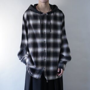 monotone × brown mix shadow check hooded shirt