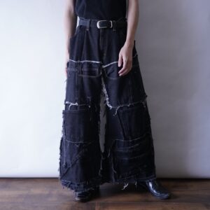 【REMAKE】black denim multi patchwork baggy wide hakama pants