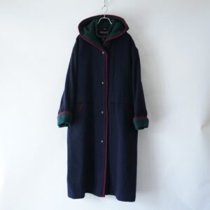 navy × red & green switching hooded maxi long wool coat