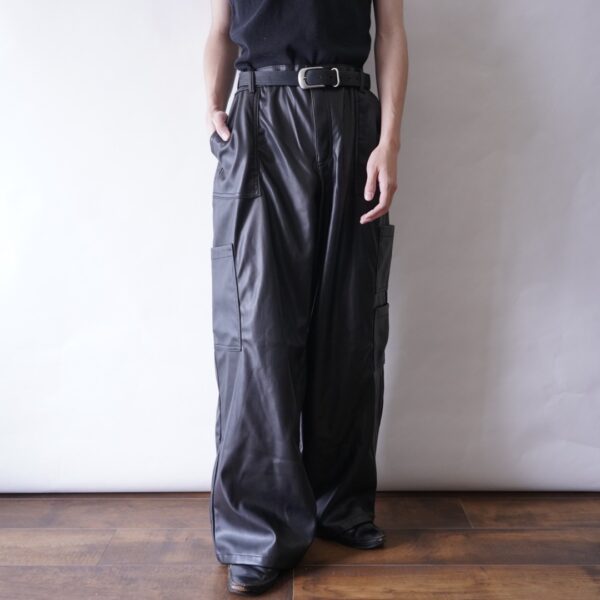 glossy fake leather wide cargo pants