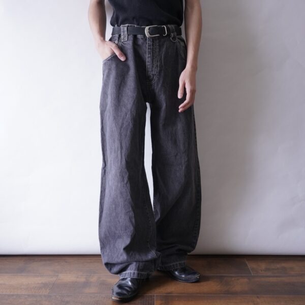 【FUBU】embroidery & gimmick wide baggy black denim pants