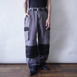 gray × black switching work pants