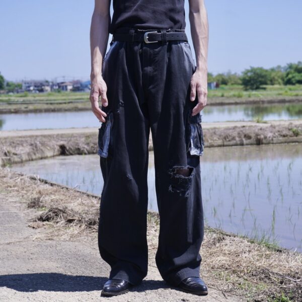 "ANARCHY" white spray crush BORO cargo pants