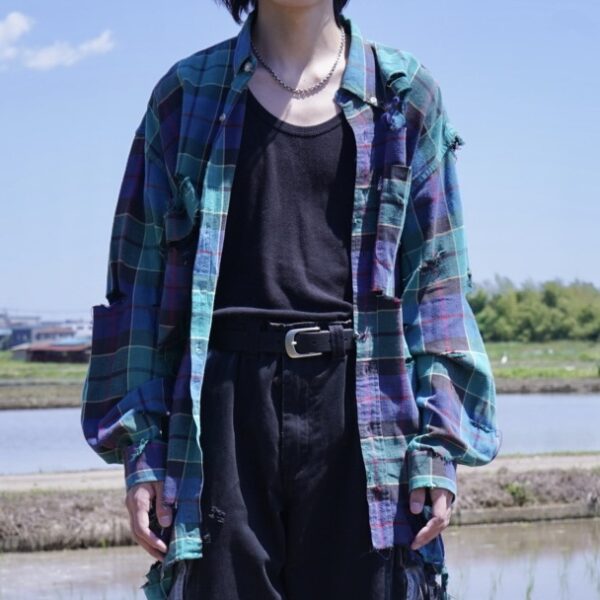 "BORO" green check hard crush BORO shirt