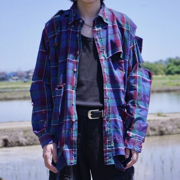 "BORO" purple check hard crush BORO shirt