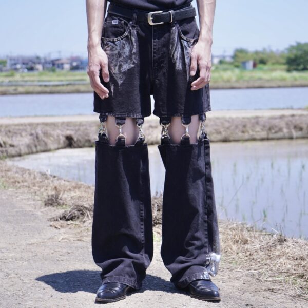 "銀箔ANARCHY" metallic silver foil detachable black denim pants